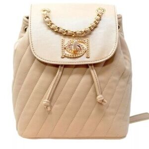 Bebe Hera Small Backpack Beige Rhinestone Logo Turnlock